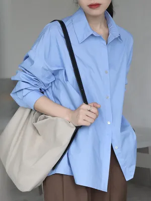 Long Sleeves Loose Buttoned Solid Color Lapel Blouses&Shirts Tops